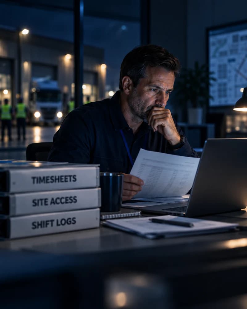 A reviewer examining timesheets, site access records and shift logs.