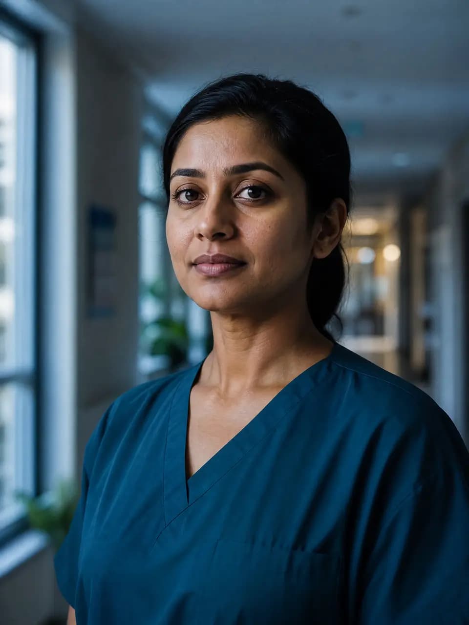 An Indian woman care worker in plain scrubs in a care-facility corridor.