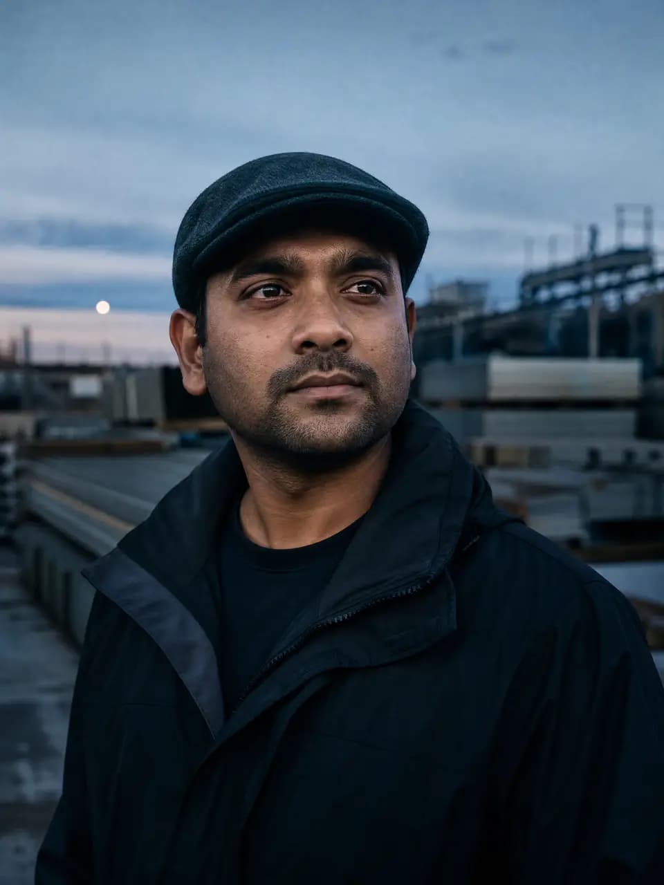 An Indian site engineer in a flat cap at a construction yard.