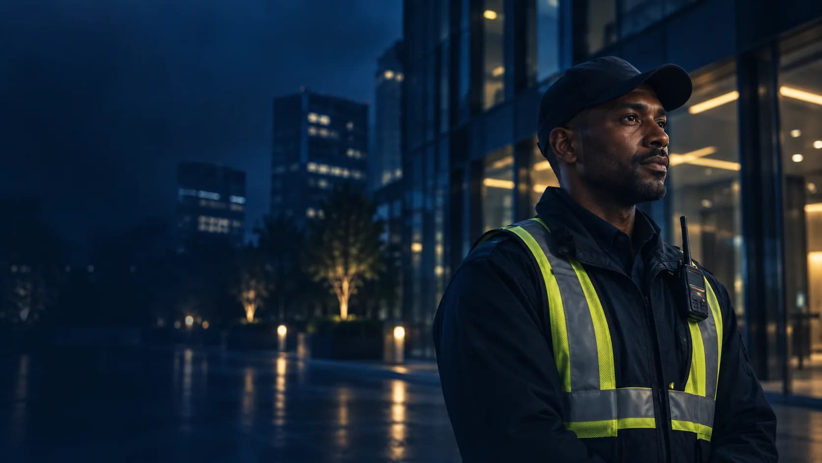 A security guard on a night-shift patrol at an urban site.
